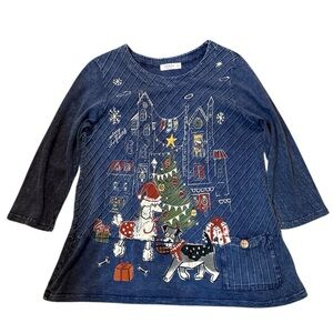 Joan & Jane Whimsical Holiday Dog Scene Quilted‎ Look Blue Tunic Top Small USA